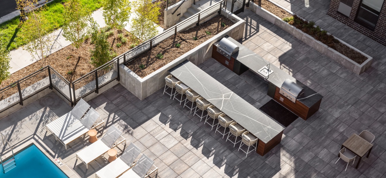 Outdoor Grilling Stations Aerial view of outdoor seating and grilling station