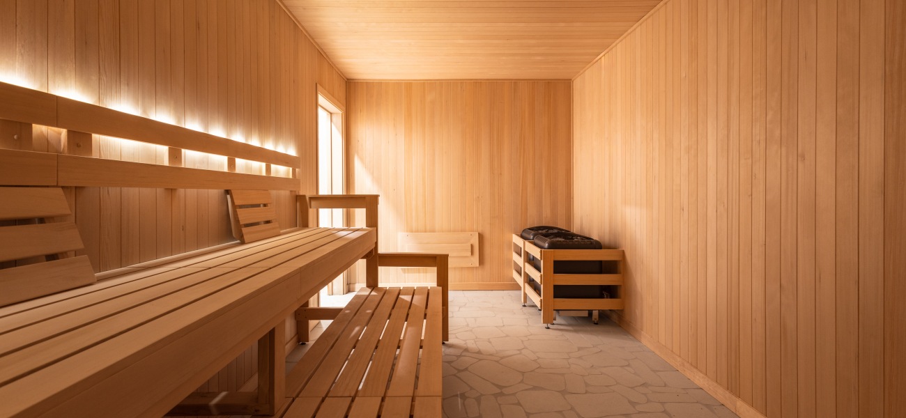Resort Style Sauna Seating inside wooden sauna